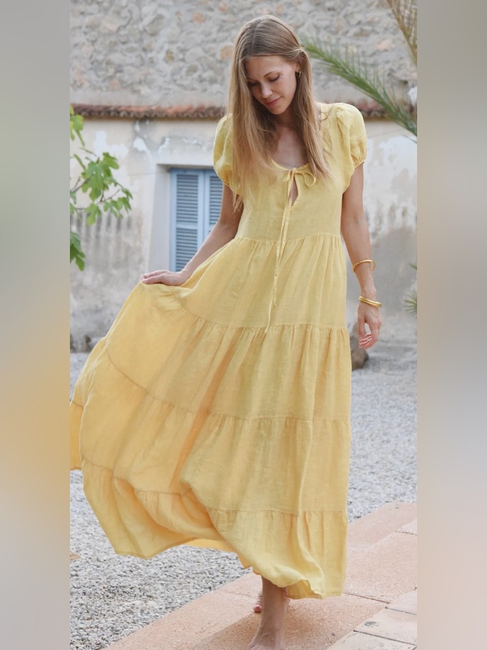 Beachwood The Label The Luna Dress Sunflower Linen Tiered Maxi M/L Italy Boho